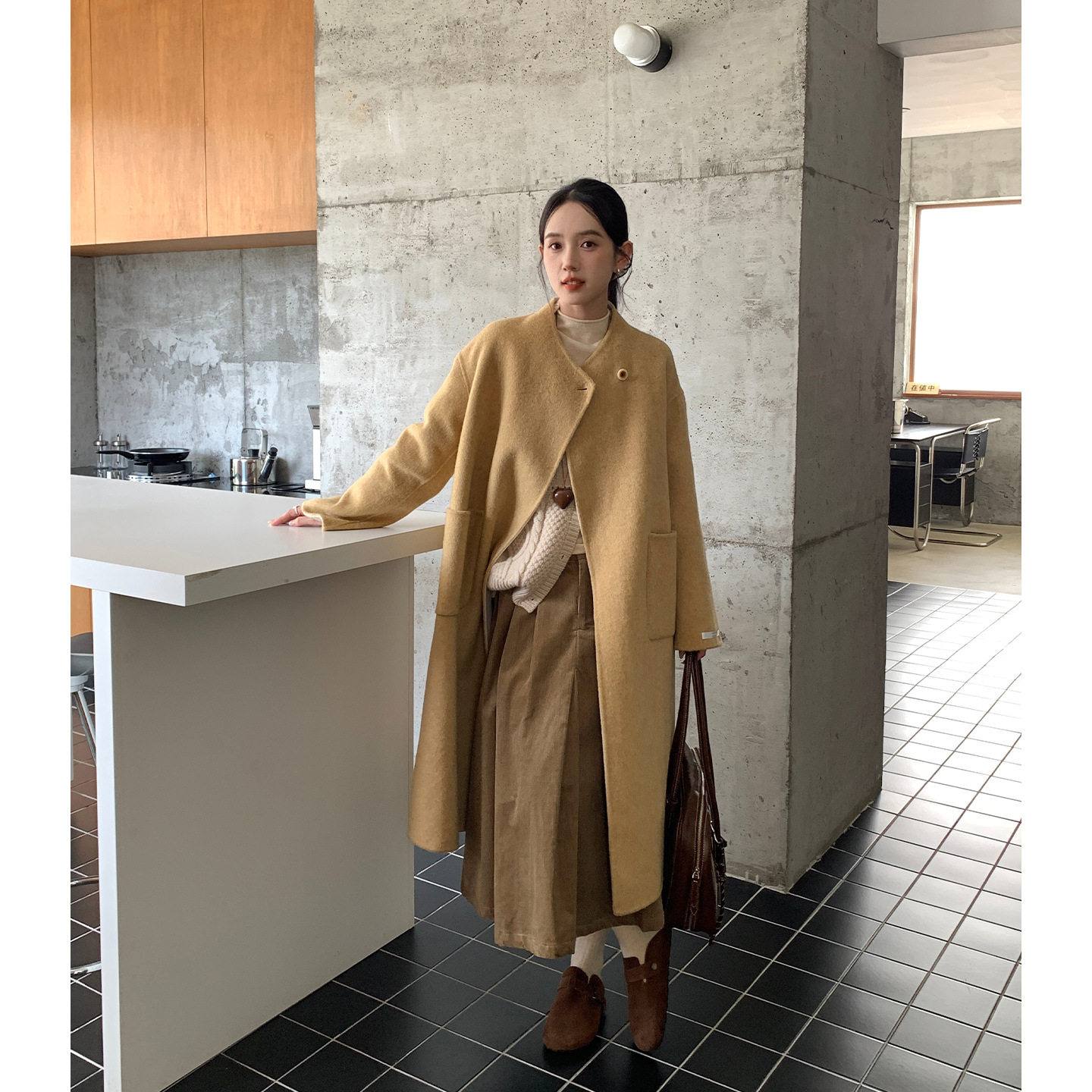 Tania S家秋季新款韩版时尚70羊毛自带围巾中长款双面呢外套大衣