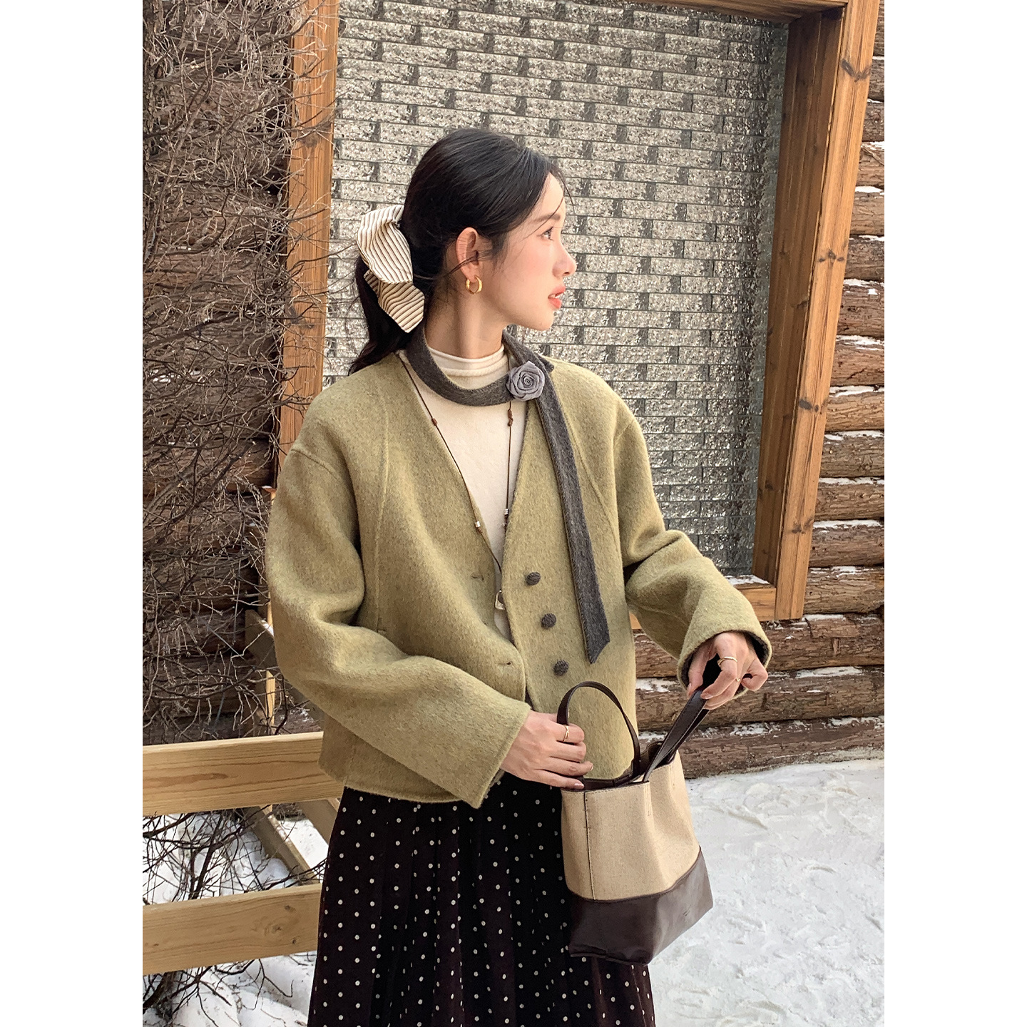 Tania S家秋冬新款韩版淑女系带感70羊毛双面呢百搭外套短款大衣