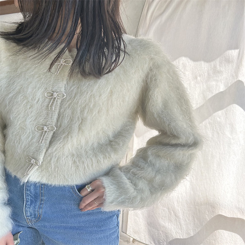 Tania S家24秋冬新款日系时尚蝴蝶结钻扣圆领羊毛针织开衫上衣女