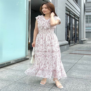 Tania S家25早春新款日系甜美V领荷叶边无袖印花连衣裙修身长裙女