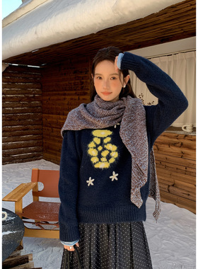 Tania 羊毛提花氛围感厚款毛衣女25韩系百搭圆领针织衫百搭上衣