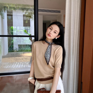 Tania 2025秋季韩版时尚冷知性极简风丝巾羊毛针织衫短袖毛衣上衣