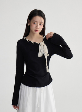 Tania S家设计感斜领系带褶皱上衣女装2026春季新款长袖T恤上衣