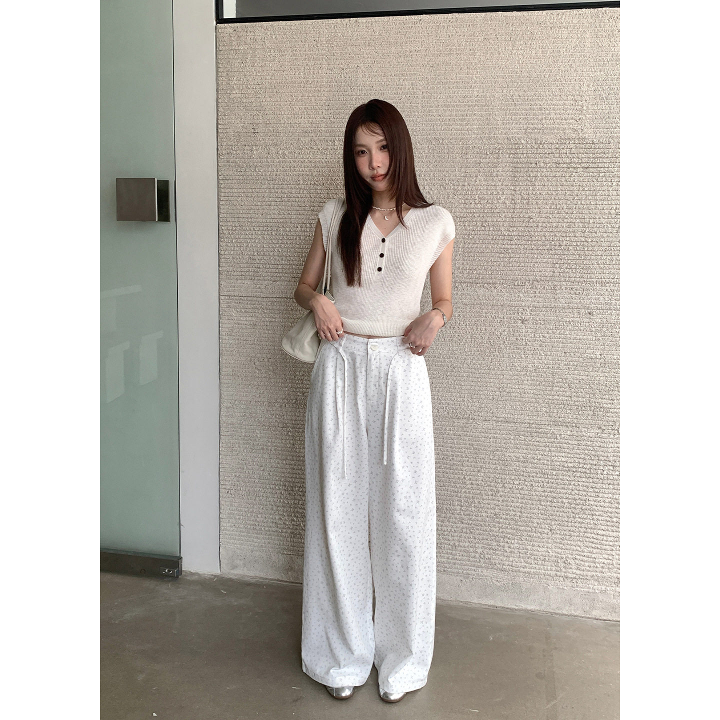 Tania S家26夏季新款韩版碎花麻阔腿裤高腰压褶垂坠感宽松休闲裤