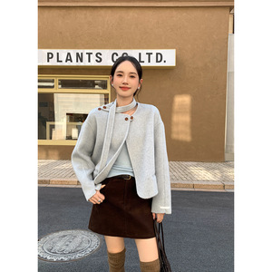 Tania S家秋冬新款韩版围巾设计款正肩廓形羊毛短款双面呢外套女