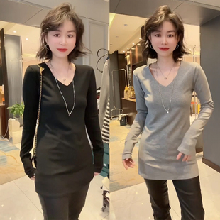 T恤中长款 长袖 上衣打底 设计感气质百搭显瘦修身 欧货2024冬女时尚
