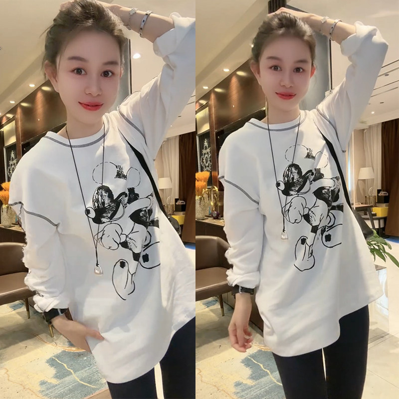 欧货2025秋女时尚设计感休闲米奇图案印花拼接明线宽松T恤上衣潮