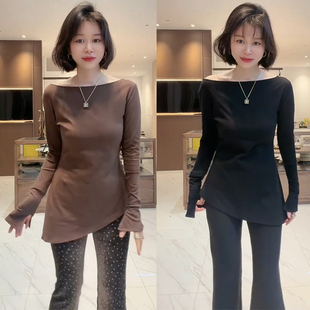 欧货2026女早秋时尚设计感一字肩不规则长袖中长款T恤上衣打底衫