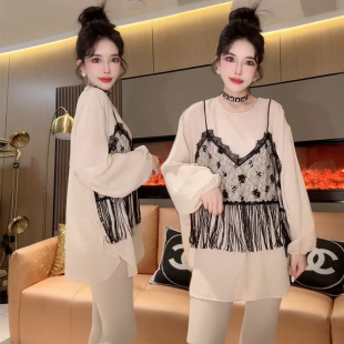 T恤 上衣打底衫 欧货2026春女时尚 高级感气质流苏蕾丝拼接宽松长袖