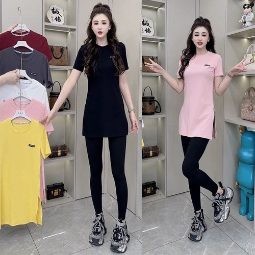 欧货2025女春时尚设计感气质百搭开叉中长款显瘦短袖T恤上衣打底
