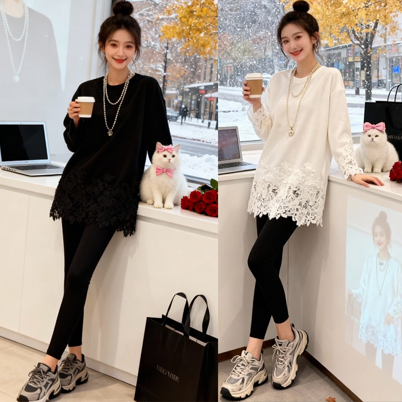 欧货2025冬女时尚高级感气质蕾丝拼接长袖中长款上衣打底衫衬衫潮