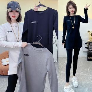 打底衫 休闲显瘦长袖 上衣T恤潮 设计感气质开叉中长款 2025秋女时尚
