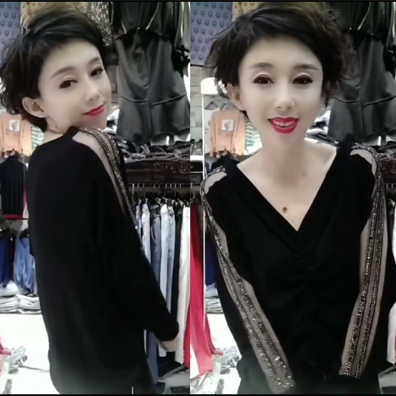 新款时尚洋气网纱v领打底衫上衣