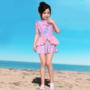 防晒女童游泳衣 外贸欧美可爱裙式 2024新款 儿童泳衣女女童连体泳装