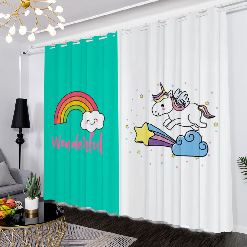 卡通童趣彩虹小马男孩女孩遮光窗帘定制卧室儿童房独角兽门帘隔断