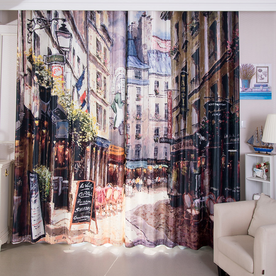 简约现代欧式油墨小镇棉麻遮光定制成品窗帘布纱卧室飘窗客厅隔断