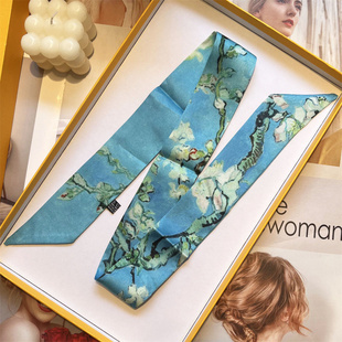 艺术馆梵高油画丝巾细窄长条发带飘带绑包包手柄丝带装饰文艺领巾