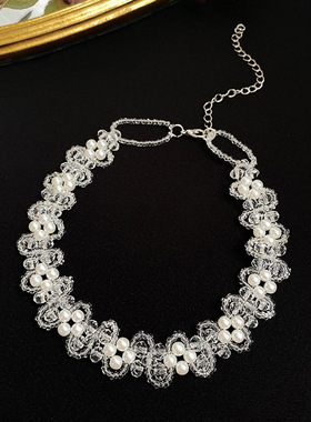 复古蕾丝珍珠法式项链韩国气质水晶颈链女网红choker仙气锁骨链