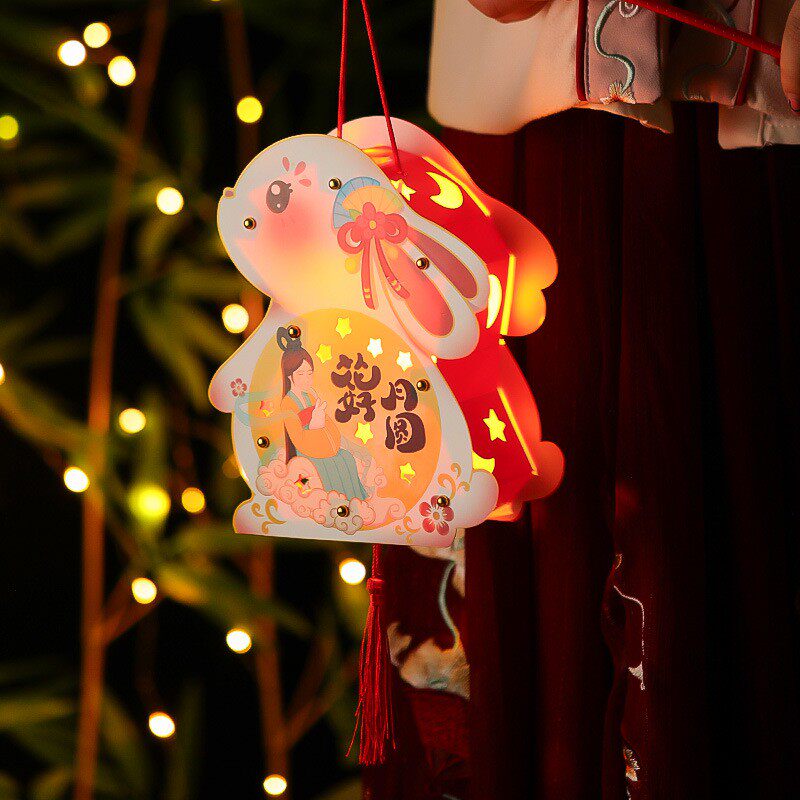 中秋节灯笼儿童手工diy材料包制作 卡通玩具手提发光兔子纸灯摆摊