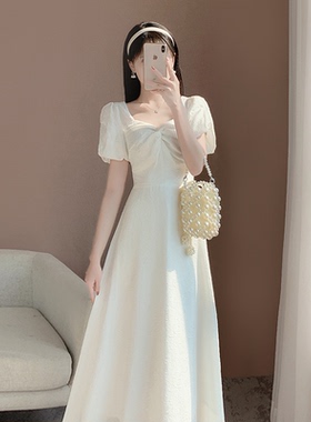 夏季新款气质温柔初恋少女公主风约会长裙白色领证礼服修身连衣裙