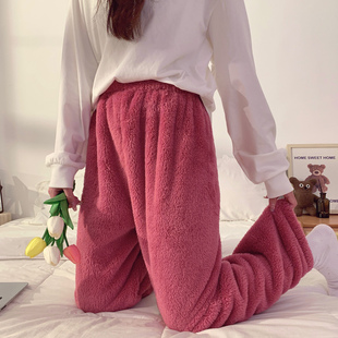 女士珊瑚绒睡裤冬季加厚长裤法兰绒保暖居家裤宽松直筒加绒暖暖裤