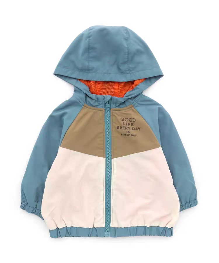 补货 80-90 日单 br 男童女童双层内衬网眼连帽拼色风衣外套