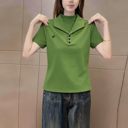 夏季新品绿色Polo领短袖t恤女装