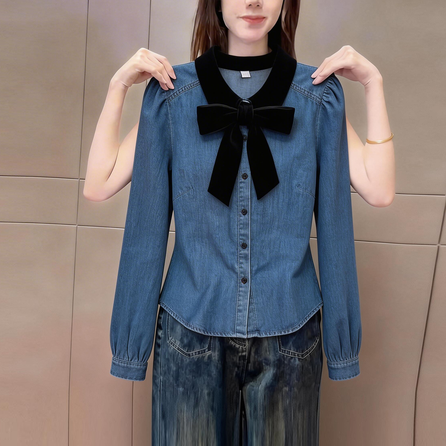 轻奢通勤立体蝴蝶结翻领牛仔衬衣女2026春季新款时尚休闲衬衫上衣