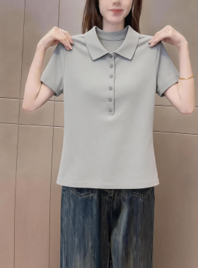 休闲风灰色Polo领短袖t恤女装2026夏季新品通勤百搭纯色气质上衣
