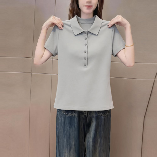 休闲风灰色Polo领短袖t恤女纯色