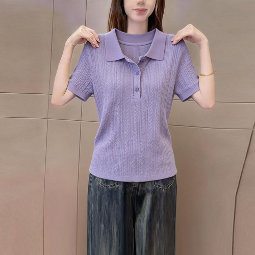 韩系polo领短袖t恤衫女夏季紫色