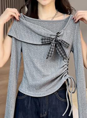 秋冬款不对称一字肩针织衫女韩系轻熟优雅灰色蝴蝶结绑带收腰小衫