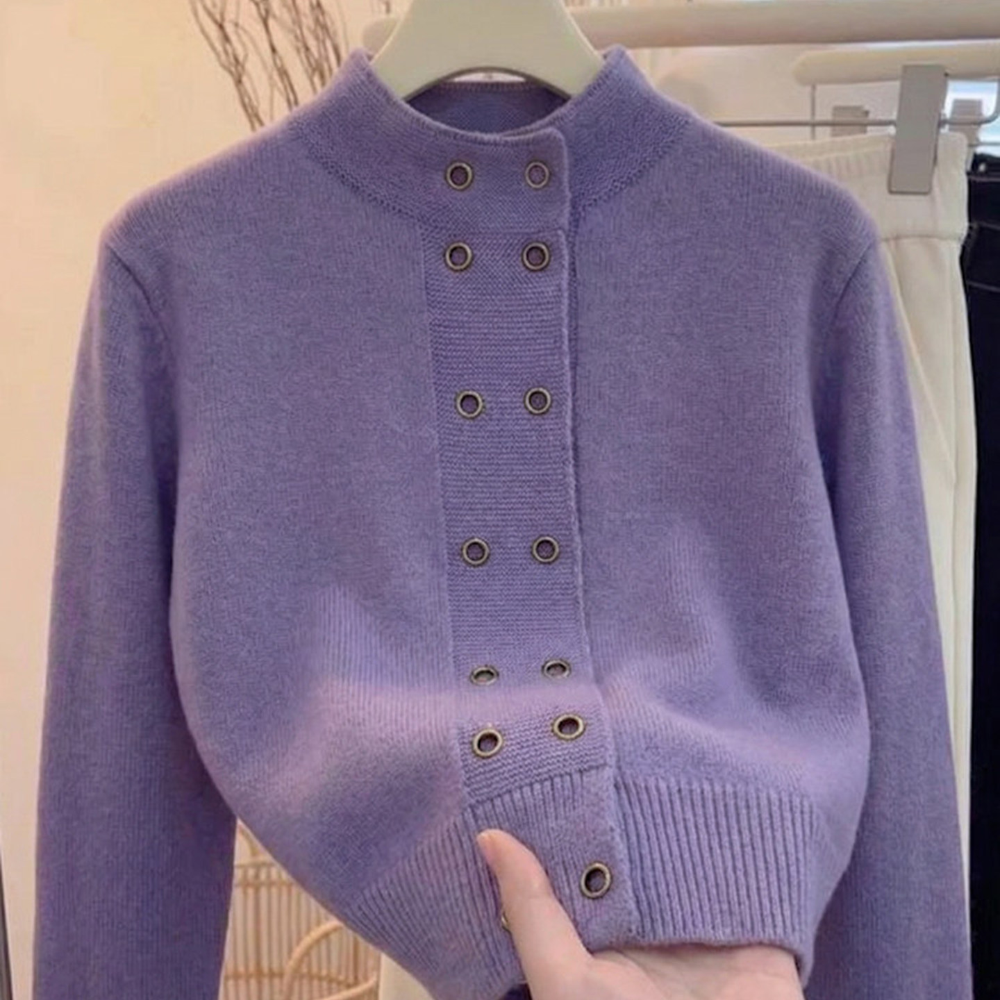 立领针织衫女超好看紫色软糯毛衣