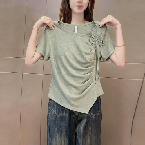 时尚不对称蝴蝶结短袖t恤女夏季