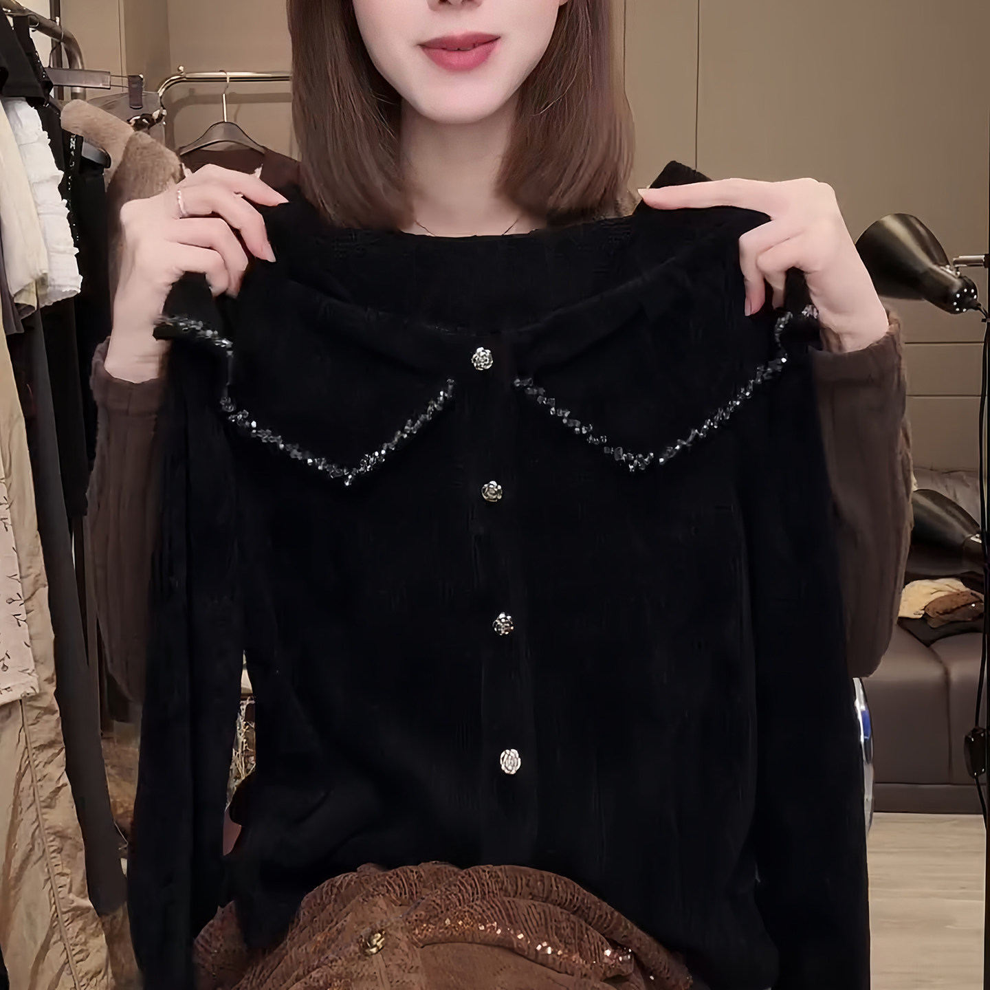洋气重工钉珠领气质小衫针织衫女
