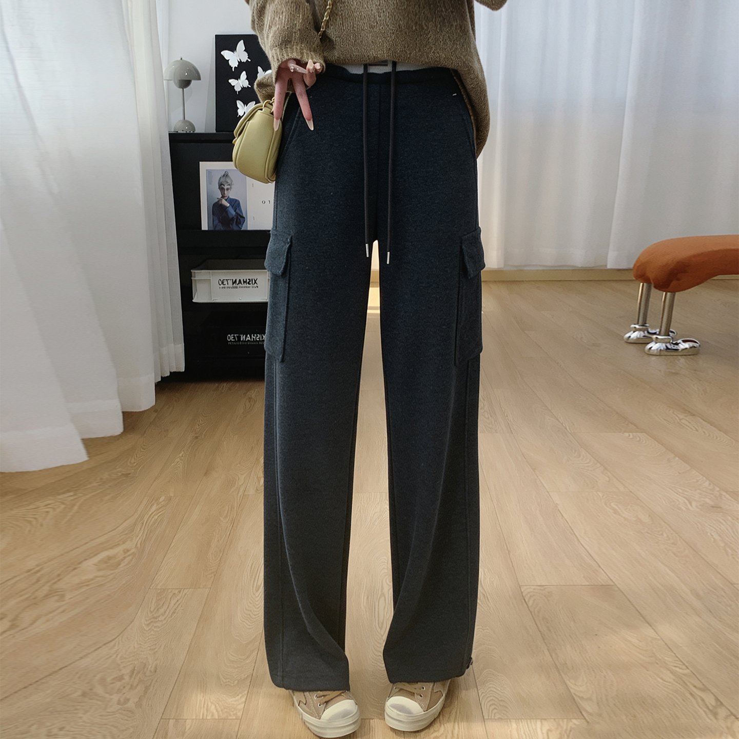 黑色时尚气质百搭工装直筒裤子女