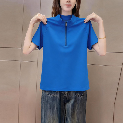 极简风半拉链立领短袖t恤女夏季