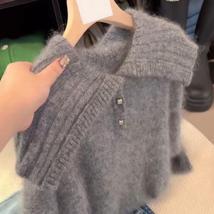 2025秋冬宽松慵懒风显瘦百搭毛衣 上衣女装 韩式 休闲风大翻领针织衫