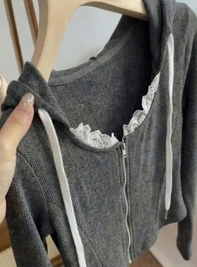 洋气时尚花边拼接连帽针织开衫女2025秋冬季修身显瘦百搭拉链小衫