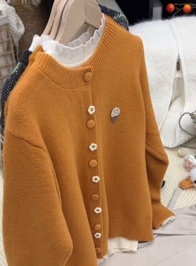 黄色超好看学院风圆领毛衣外套女2025秋冬季新品休闲针织开衫上衣