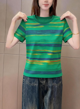 夏季爆款复古绿色条纹短袖t恤女