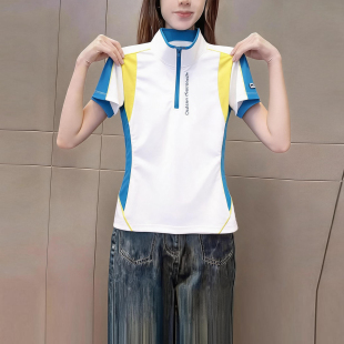 夏季时尚撞色拼接立领短袖t恤上衣女装半拉链显瘦内搭运动休闲风
