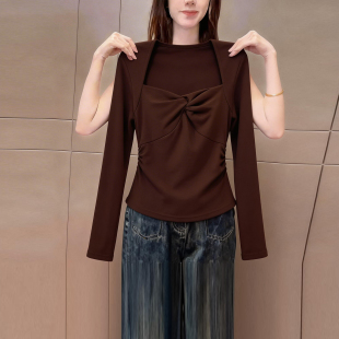修身 轻熟风高级感棕色方领长袖 新款 早春季 气质御姐风上衣 t恤女装