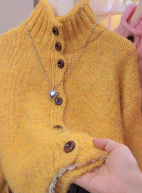 黄色高领多纽扣针织开衫女2025秋冬新品韩系休闲显白保暖毛衣外套