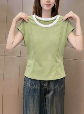 极简风撞色圆领假两件短袖t恤女装2026夏季收腰百搭休闲绿色上衣