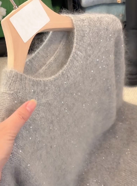 韩系温柔慵懒风灰色亮片圆领针织衫女秋冬软糯气质显瘦针织衫上衣