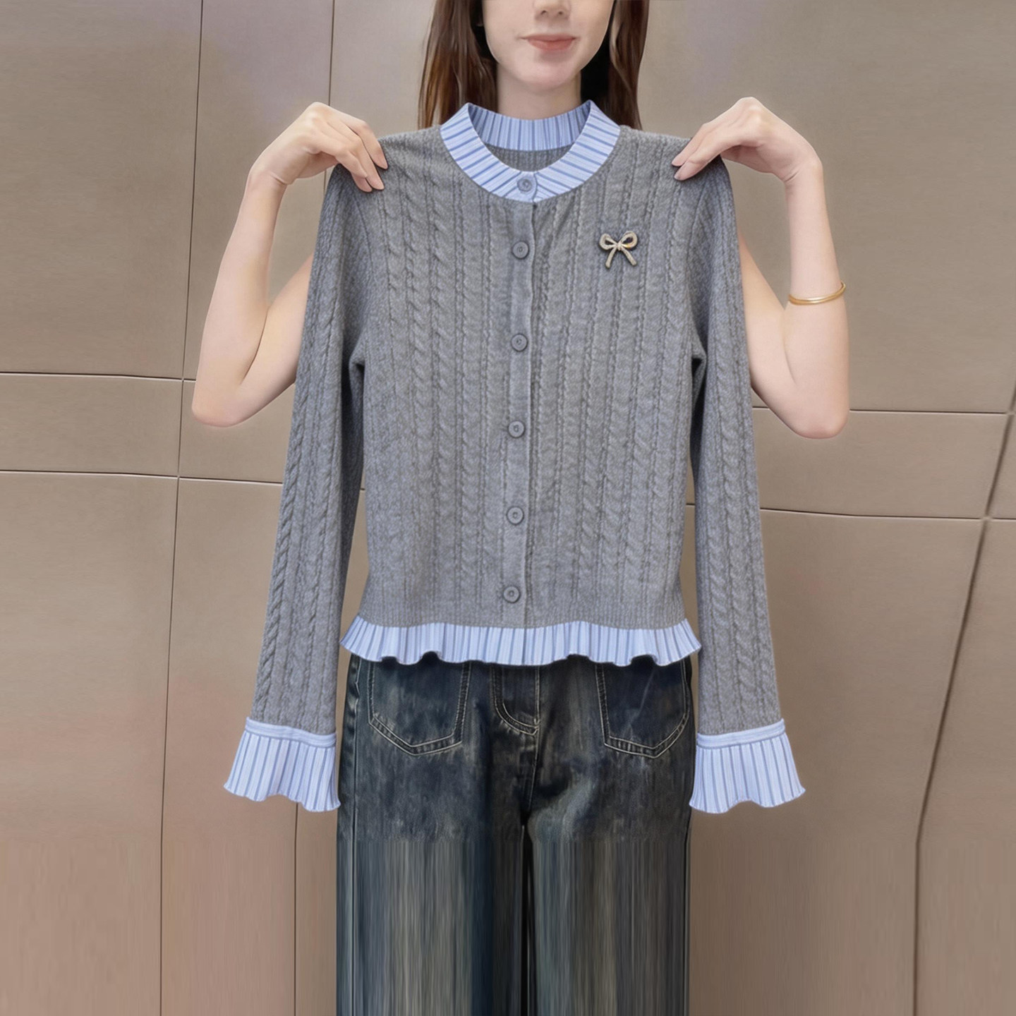学院风假两件拼接立领针织开衫女装秋季叠穿显瘦气质内搭小衫上衣