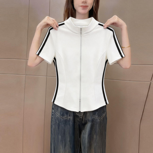 运动风立领拉链短袖开衫t恤女2026夏季撞色修身显瘦百搭时尚上衣