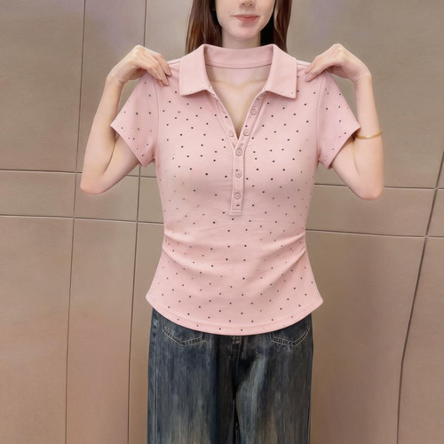 辣妹风粉色波点polo领短袖t恤女