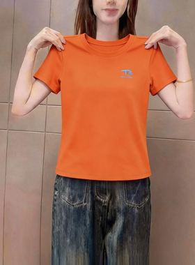 超好看橙色正肩短袖t恤女夏季新款圆领修身显瘦百搭休闲漂亮上衣